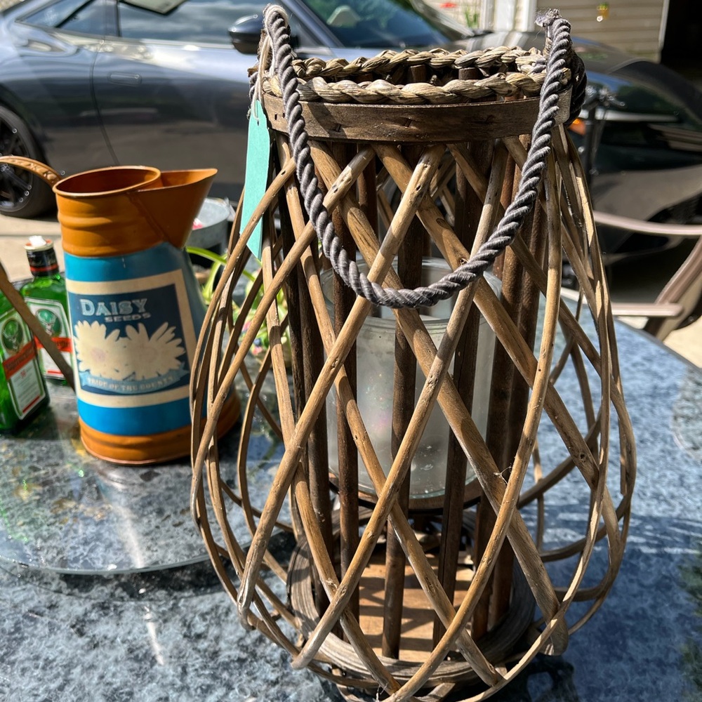 Rustic MCM bamboo rattan wicker lantern with glass candle insert rope handle